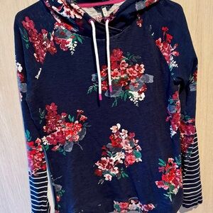 Joules Navy Floral Hoodie with Striped Accents
